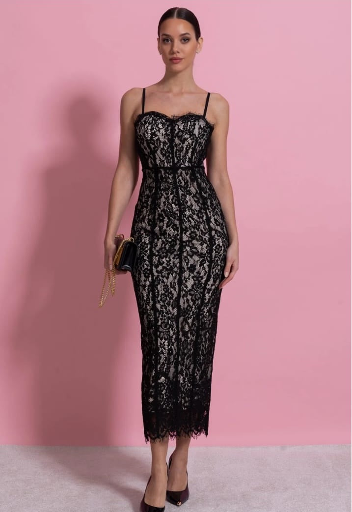 Lace Midi Dress With Sheer Corset Bodice - Black