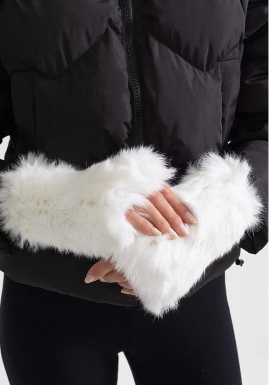 Rabbit Fur Fingerless Gloves - White
