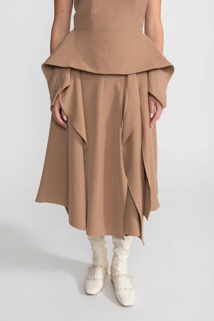 Draped Peplum Off-Shoulder Co-ord With Contrasting Neckline – Camel/Ivoire