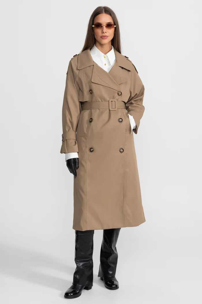 Double-Breasted Mid-Cut Trench Coat With Belted Waist – Khaki