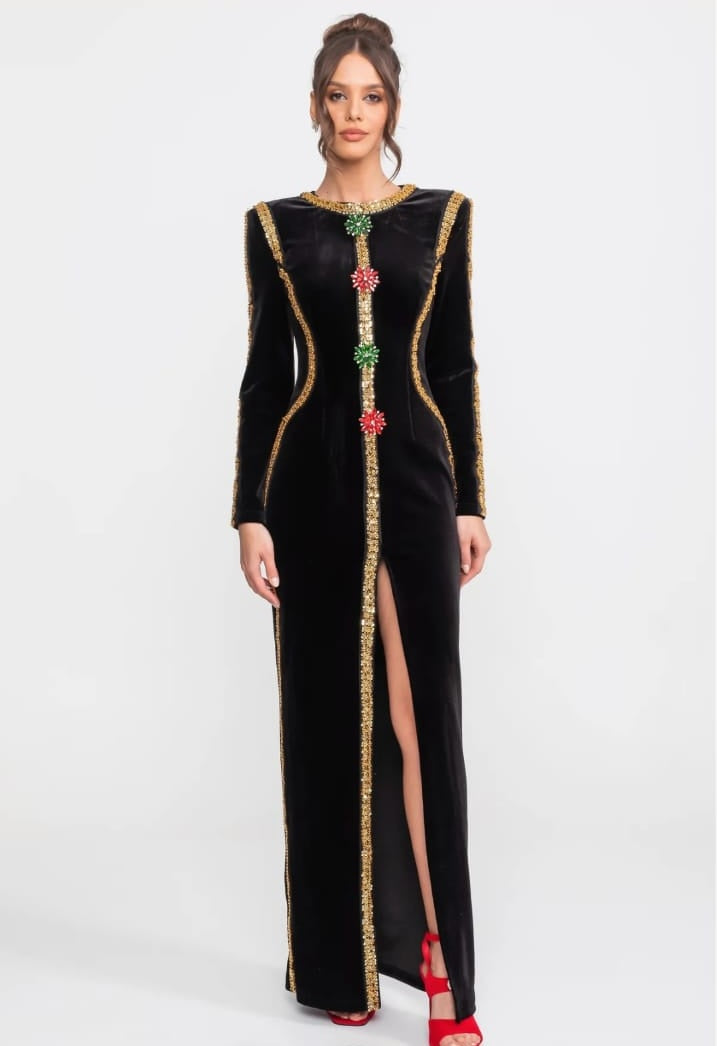 Velvet Maxi Dress With Gold Sequin Trim And Crystal Brooch Detail - Black