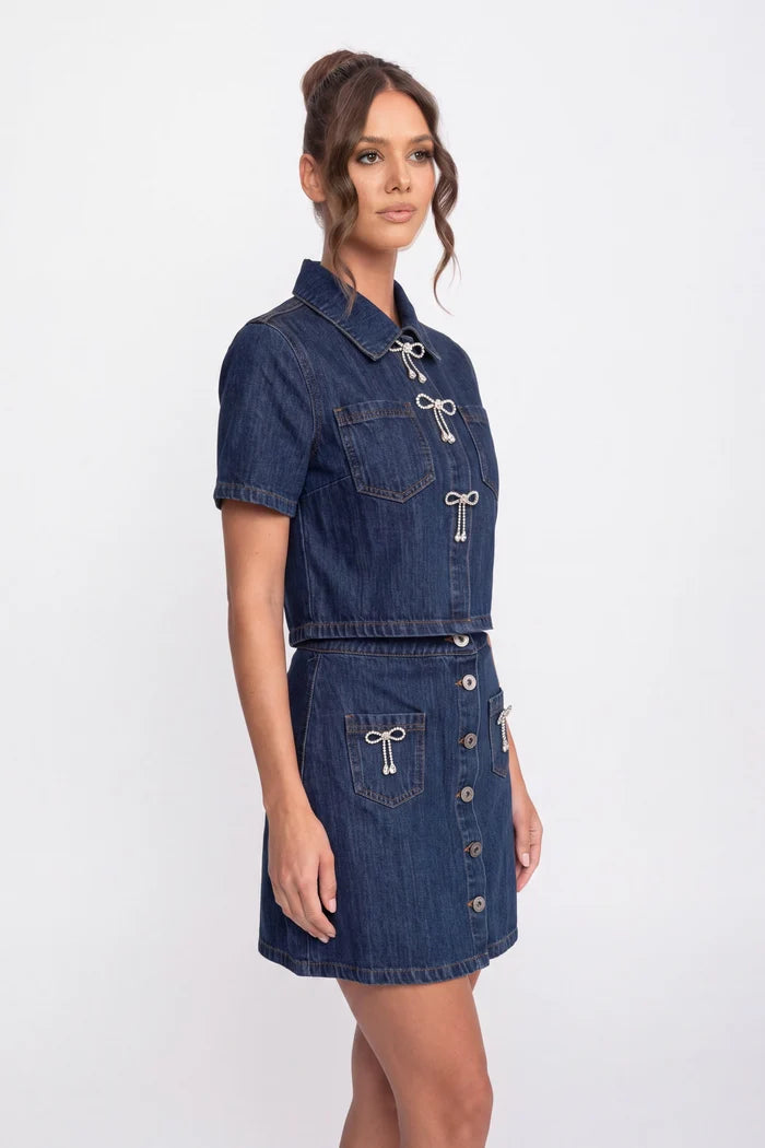 Denim Shirt And A-Line Skirt Co-Ord Set With Sparkling Bow Details - Blue