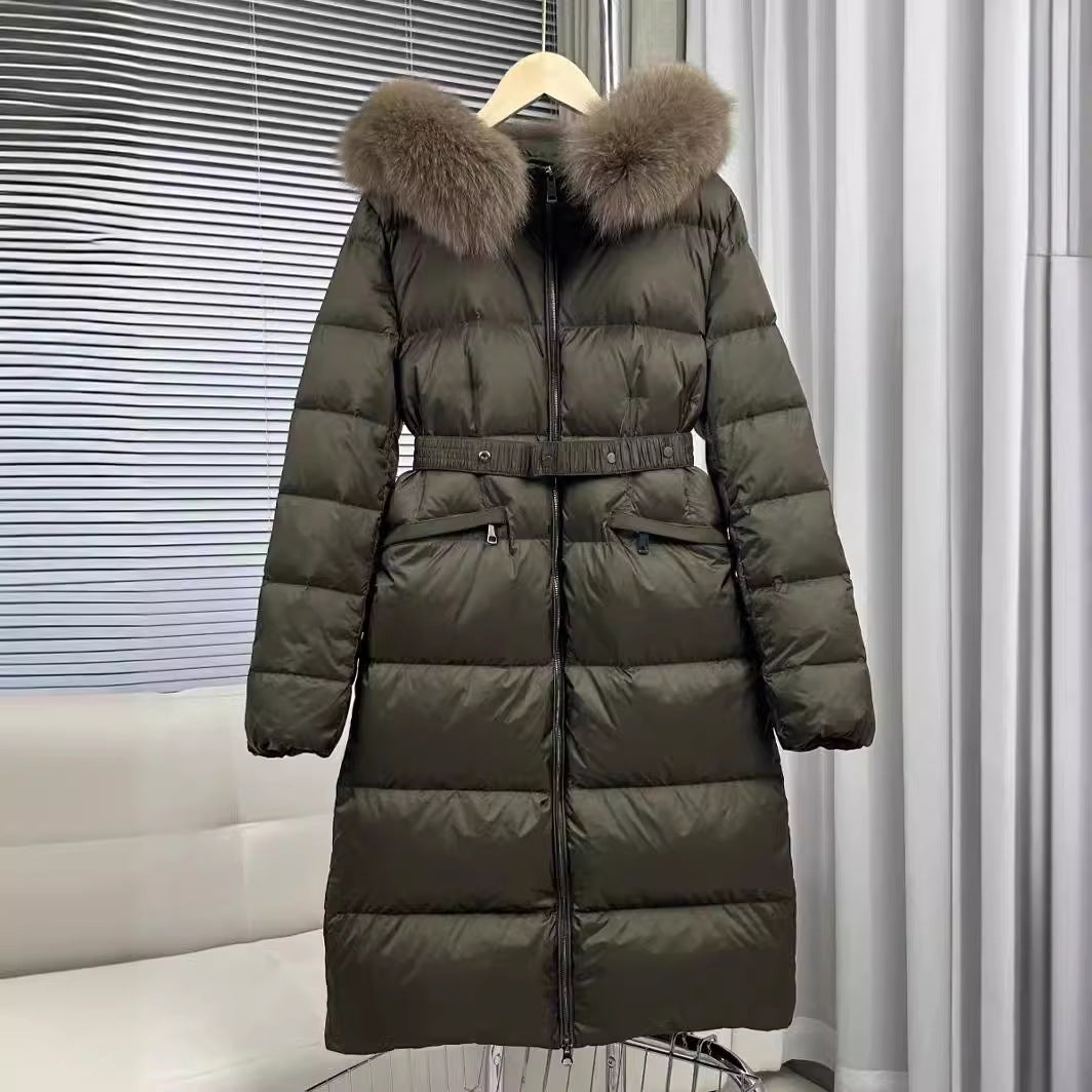 Fox big fur collar mid-length down jacket