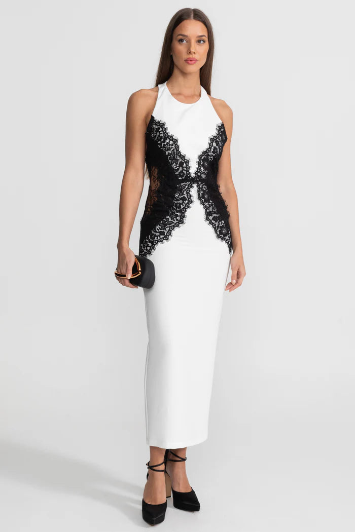 Halter Maxi Dress with Contrast Lace Panels – White