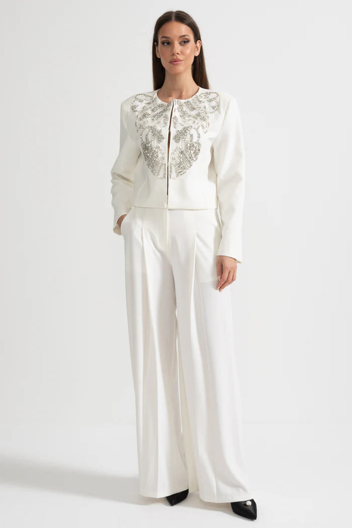 Embellished Jacket and Wide-Leg Trousers Co-Ord Set with Ornate Beadwork - White