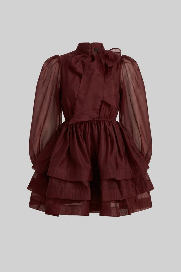 High-Neck Puff-Sleeve Mini Dress With Tiered Ruffle Skirt And Bow - Wine