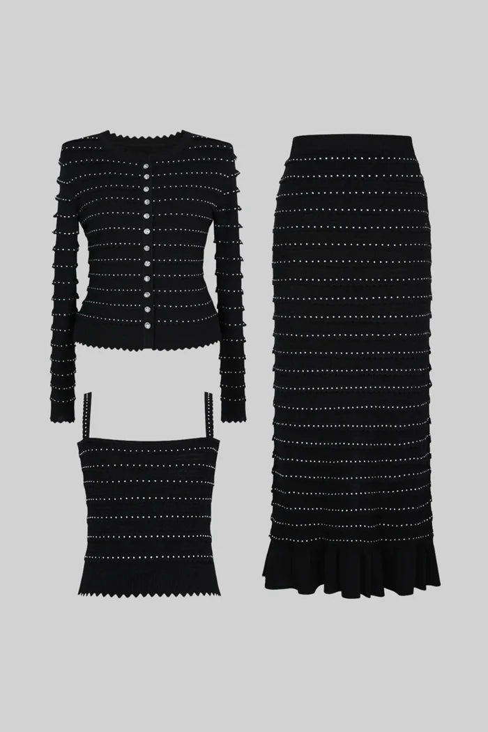 Textured Knit 3 Piece Set With Blazer, Top and Midi Skirt - Black
