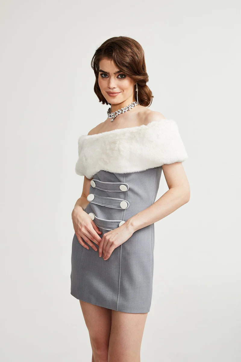 Lina Gray Faux-Fur Mini Robe