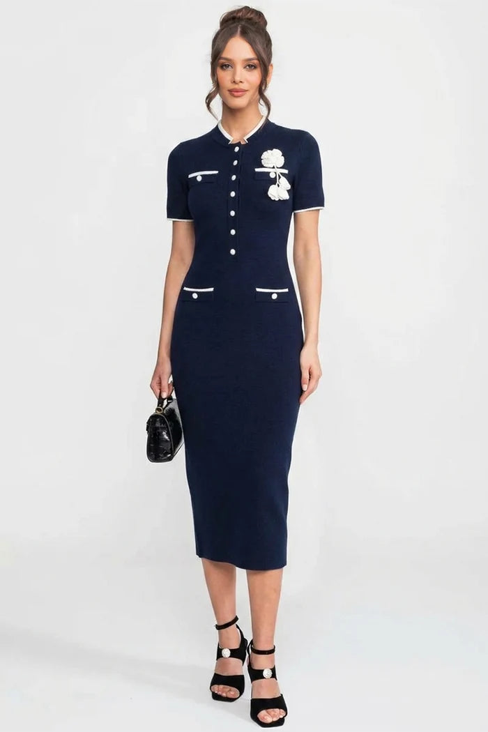 Ribbed Knit Midi Dress With Contrast Trim And Decorative Pockets - Navy