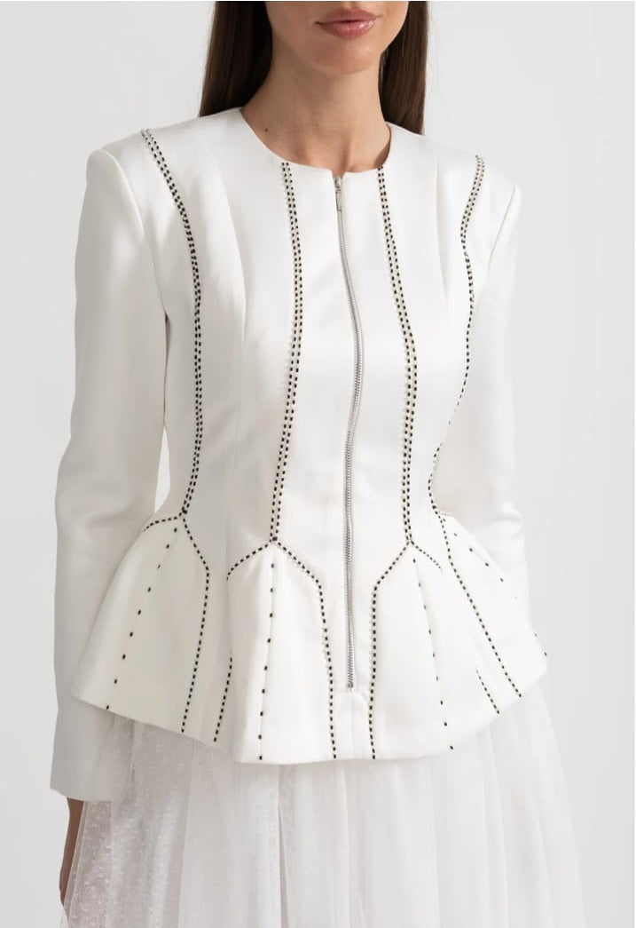 Peplum Jacket and Sheer Tulle Skirt Co-Ord Set with Structured Seams - White