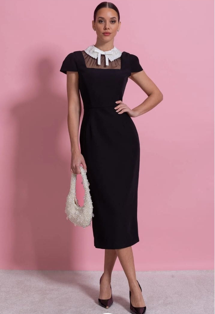 Cap Sleeve Midi Dress With Lace Collar Tie Detail - Black