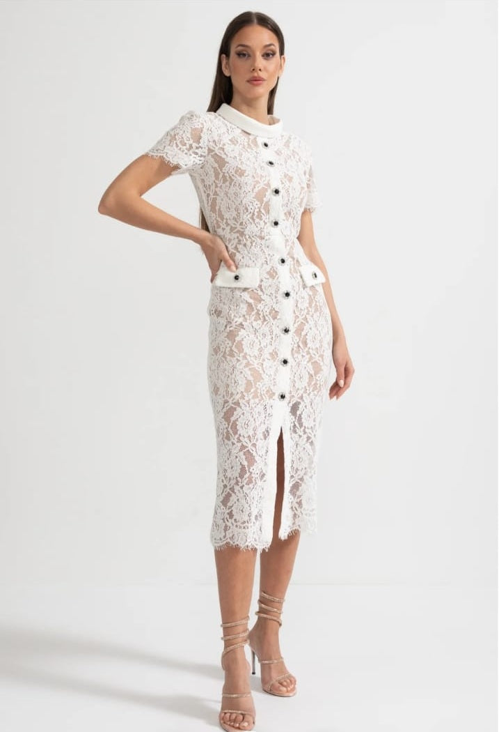 Elegant Short Sleeve Lace Dress With Matching Waist Belt - White