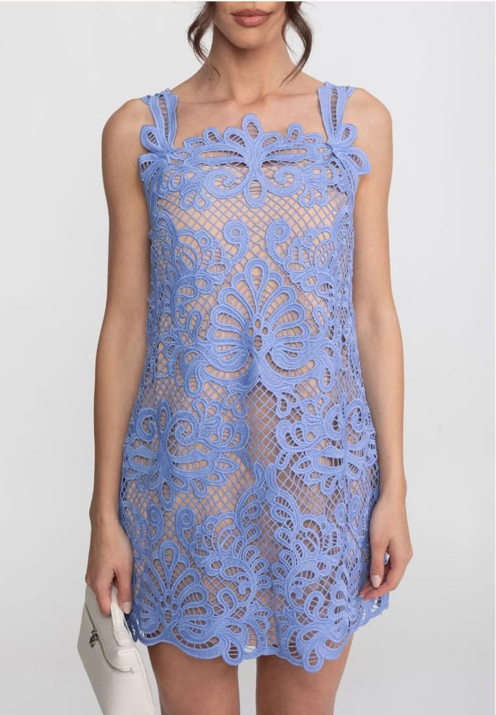 Guipure Lace Sleeveless Mini Dress With Scallop Hem - Light Blue