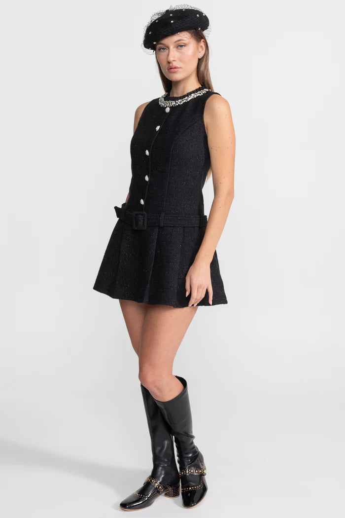 Crystal-Embellished Tweed Mini Dress With Belt – Black
