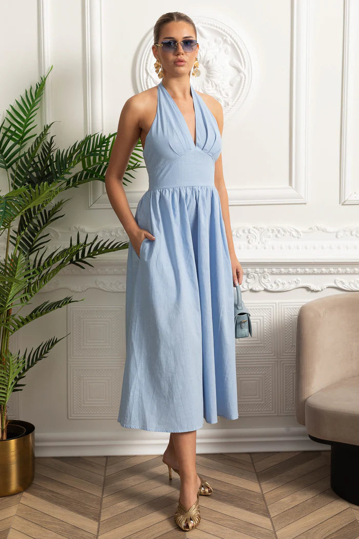 Halterneck Midi Dress With A-line Gathered Skirt - Blue