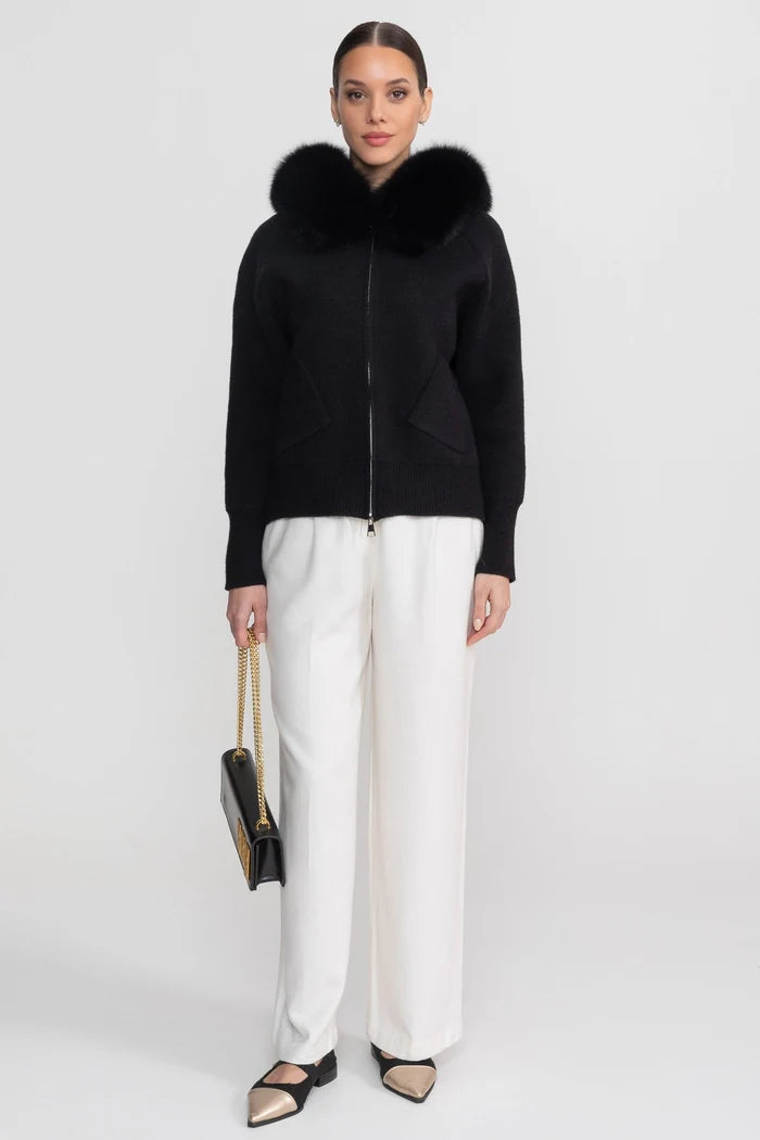 Zip-Up Wool Hoodie With Fox Fur Collar – Black