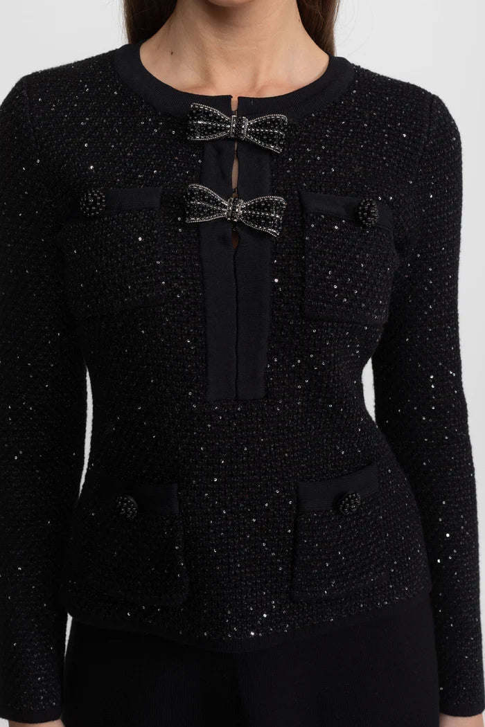Embellished Tweed Co-Ord Set with Bow Closures And Midi Skirt – Black
