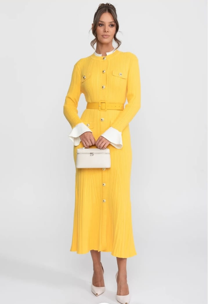 Ribbed Knit Belted Midi Dress With White Cuffs And Collar - Yellow