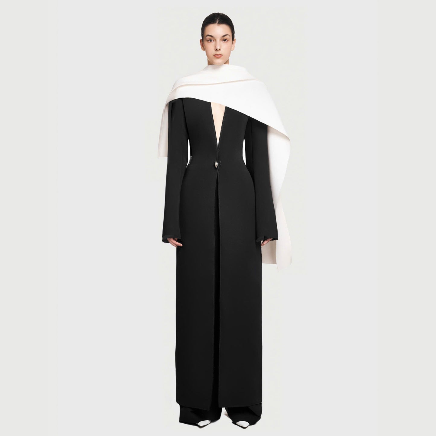 V-neck virtual edge shawl long jacket