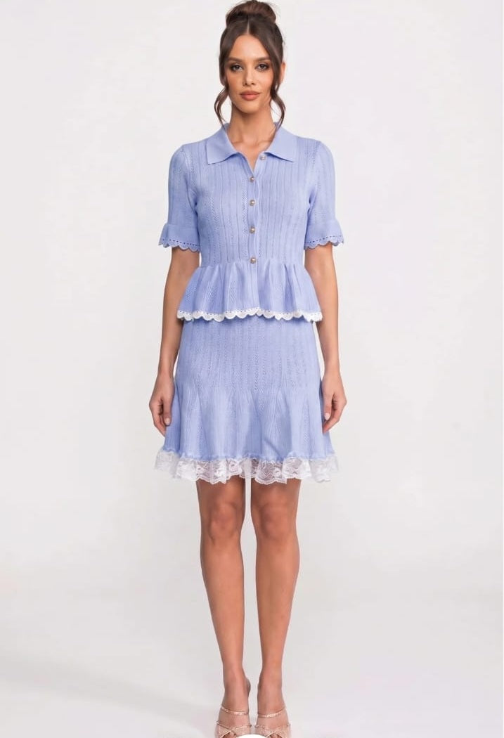 Polo-Collar Mini Dress With Button Top, Peplum Waist And Lace Hem - Blue