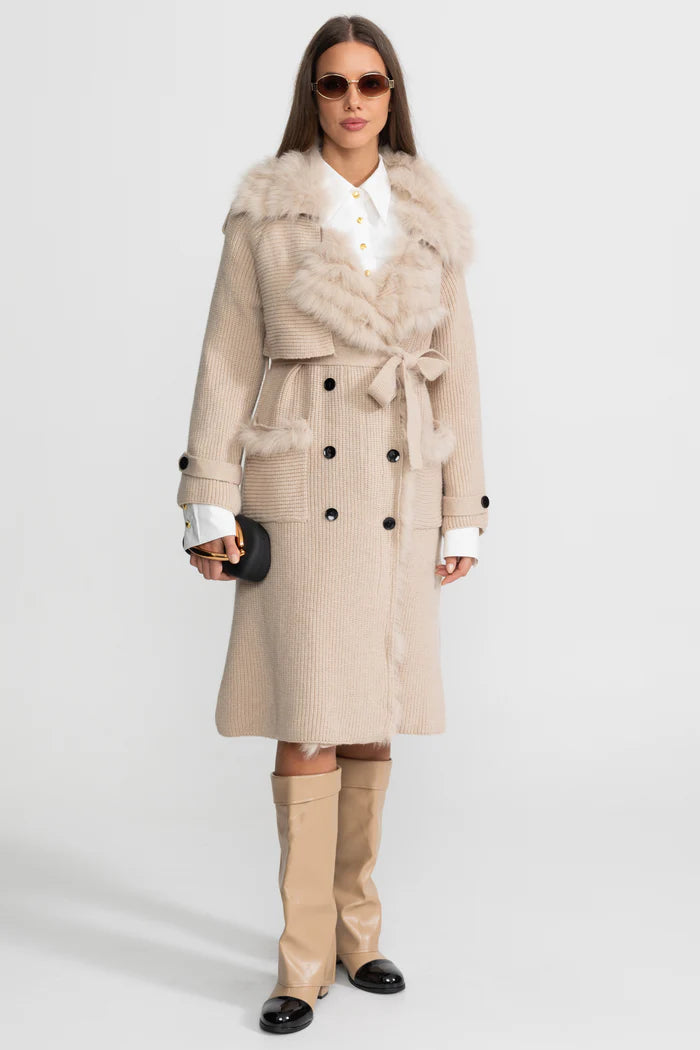 Double-Breasted Knit Overcoat With Fur Trim – Beige