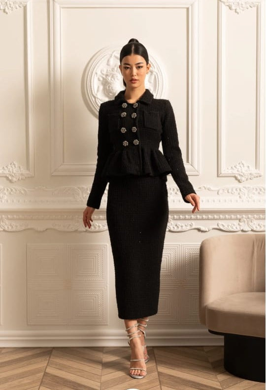 Knitted Textured Dress With Peplum Waist And Decorative Buttons - Black