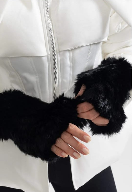 Rabbit Fur Fingerless Gloves - Black