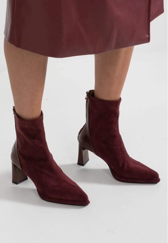 Glossy Heel Suede Ankle Boot - Burgundy