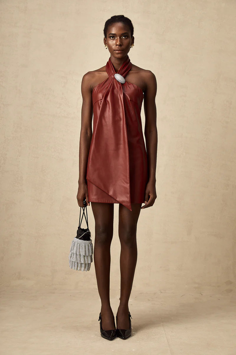 Maxanne Red Halterneck Mini-robe en peau de mouton