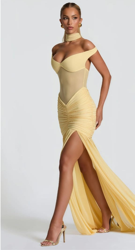 Geneviève Yellow Off Shoulder Ruched Maxi Dress
