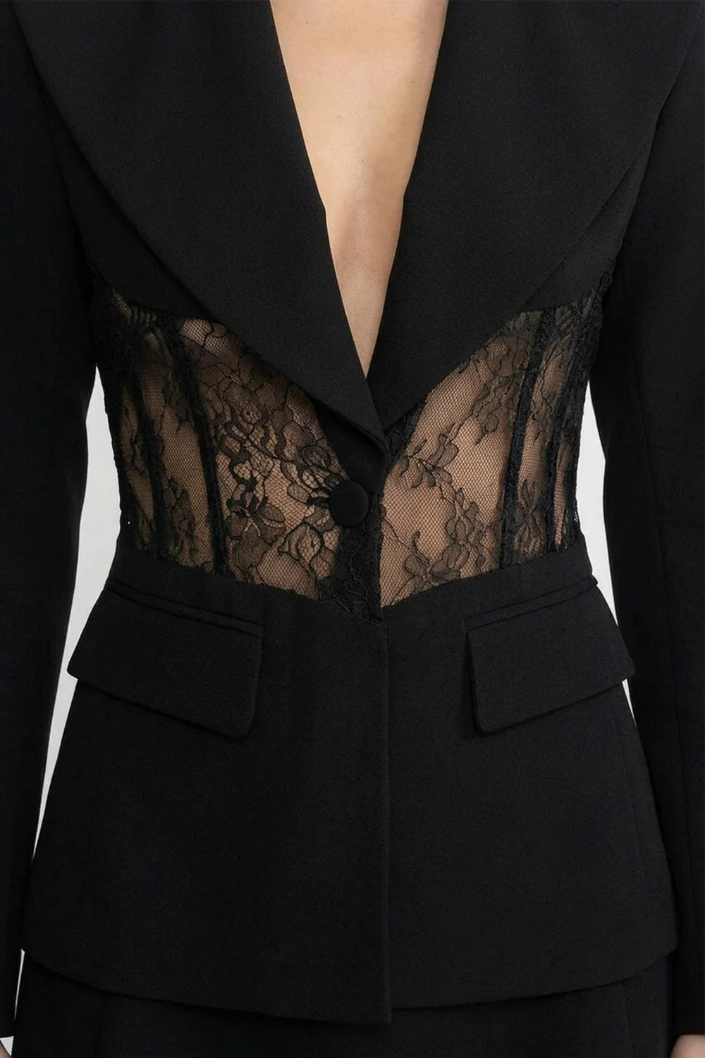 Tailored Long Sleeve Blazer With Sheer Lace Waist Panels - Black