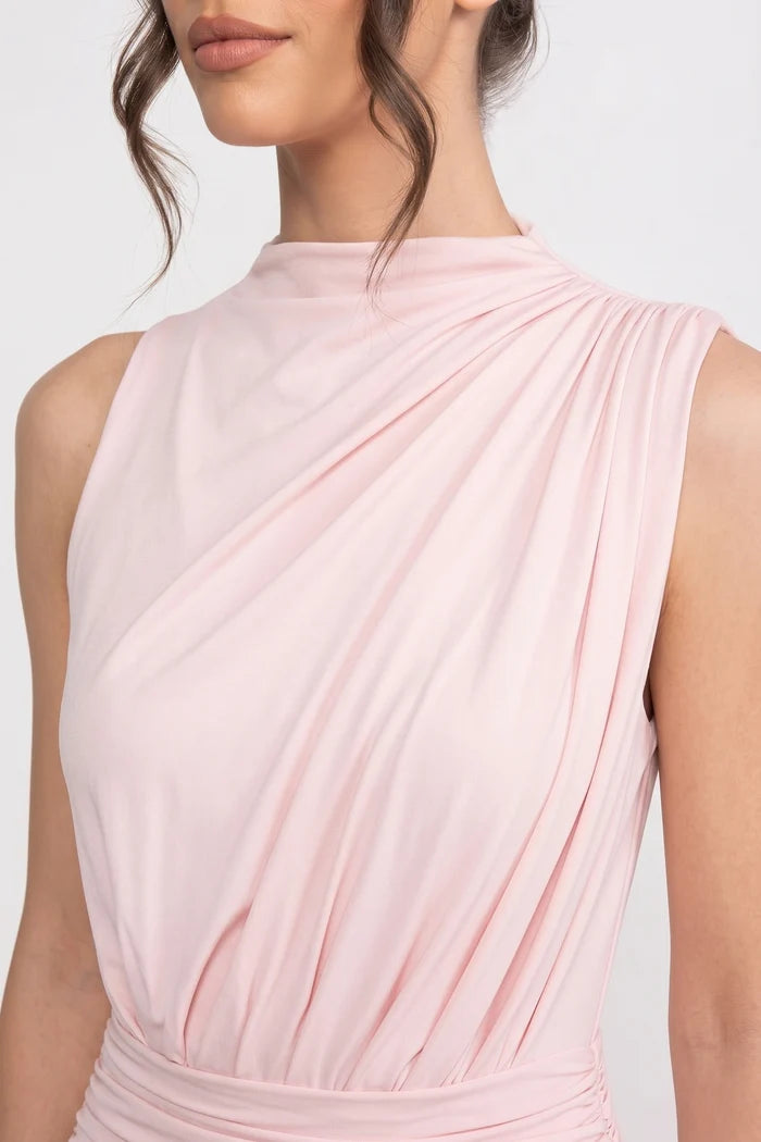 Halter Neck Pleated Maxi Dress With Gathered Waist Detail - Pink