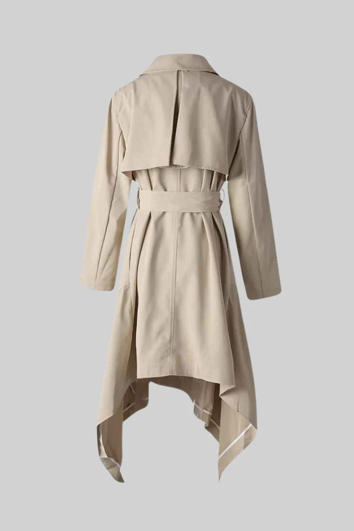 Long Trench Coat with Tie Belt and Asymmetrical Hem - Beige