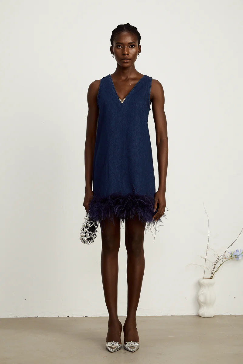 Selene bleu sans manches en plume-trim mini robe
