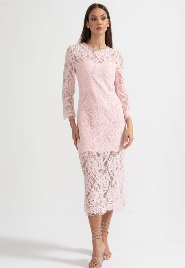 Elegant Long Sleeve Lace Dress With Matching Waist Belt - Pink