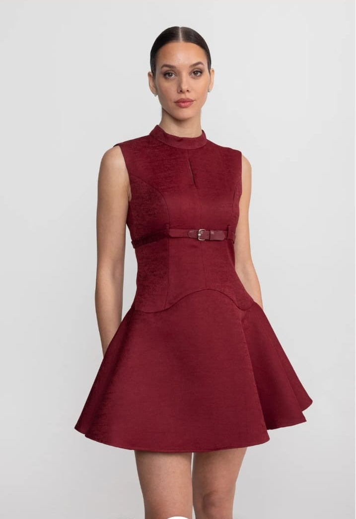 Sleeveless Mini Dress With High Neckline And Buckled Belted Waist - Burgundy