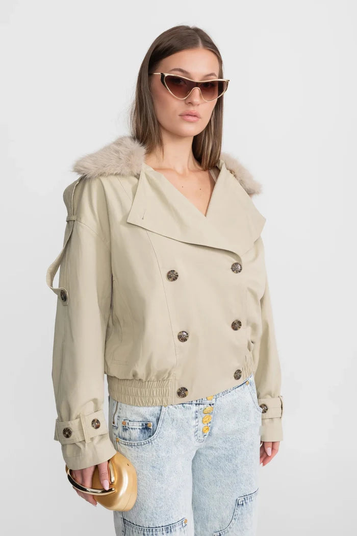 Cropped Trench Jacket with Fur Collar – Beige
