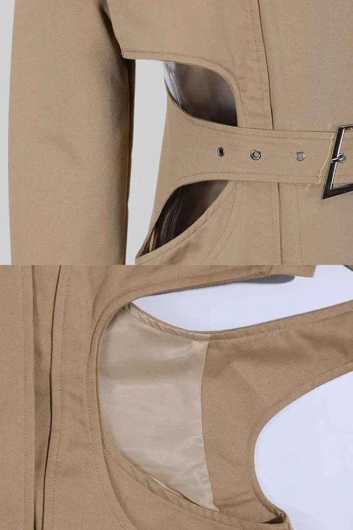 Cutout Trench Coat with Belted Waist and Utility Pockets - Beige