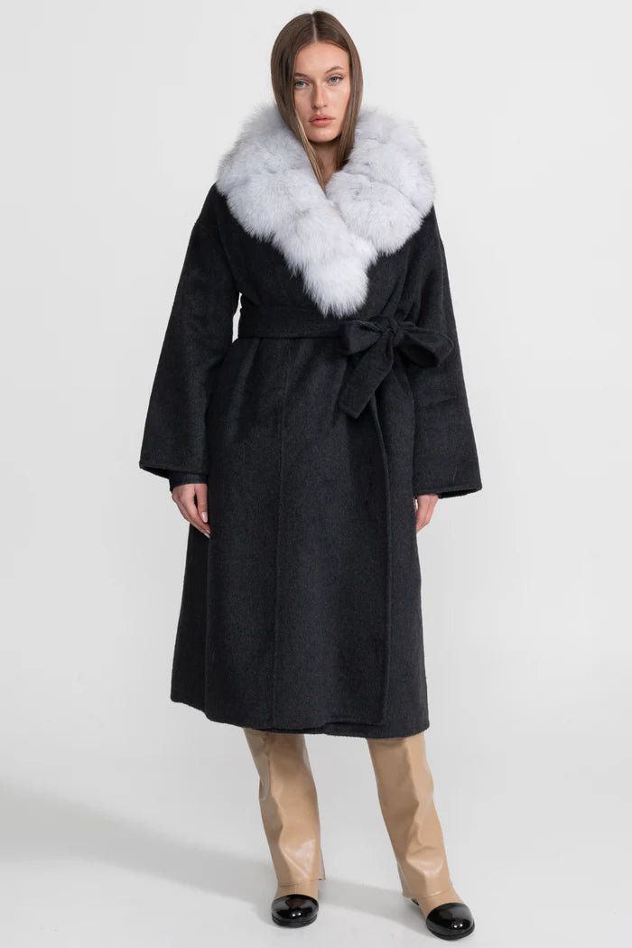 Wool Wrap Coat with Fox Fur Collar And Tie Belt – Black/Gray