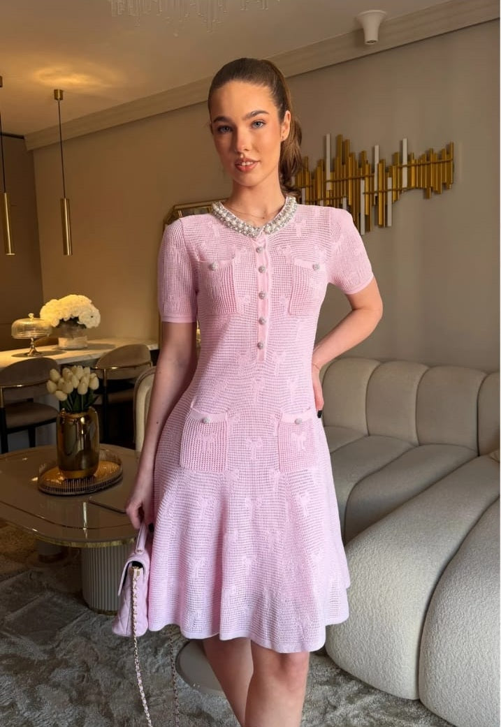 Textured Short Sleeve Mini Dress With Pearl Trim Neckline And Crystal Buttons - Pink