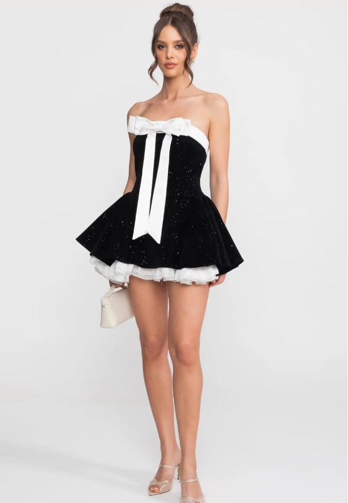 Strapless Velvet Mini Dress With Satin Bow And Ruffle Hem - Black