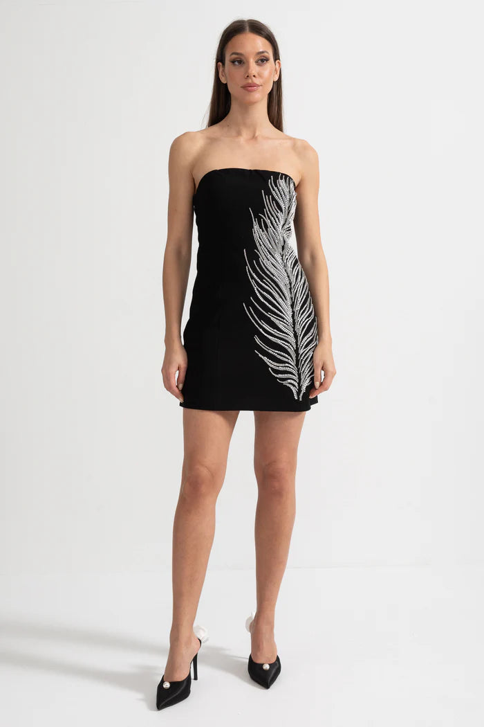 Strapless Mini Dress with Crystal Feather Embellishments - Black