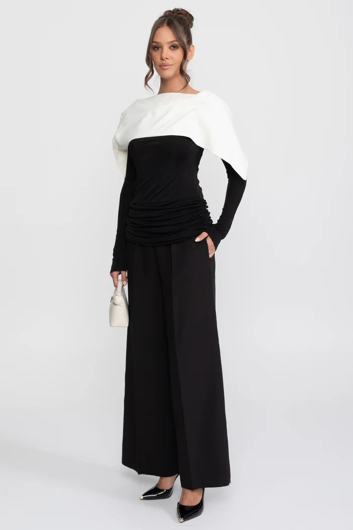 Ruched Wrap Top With Contrasting Cape And Trouser Ensemble - Black