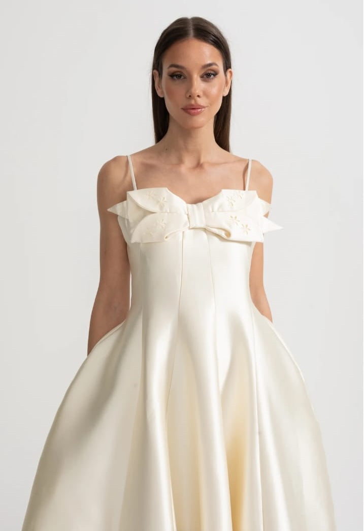 Midi Satin Dress With Fitted Bodice, Delicate Thin Straps And Bow Accent - Ivoire