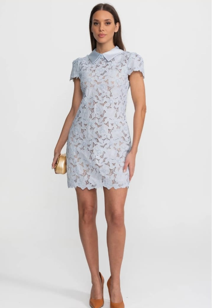 Floral Lace Mini Dress with Satin Collar – Light Blue