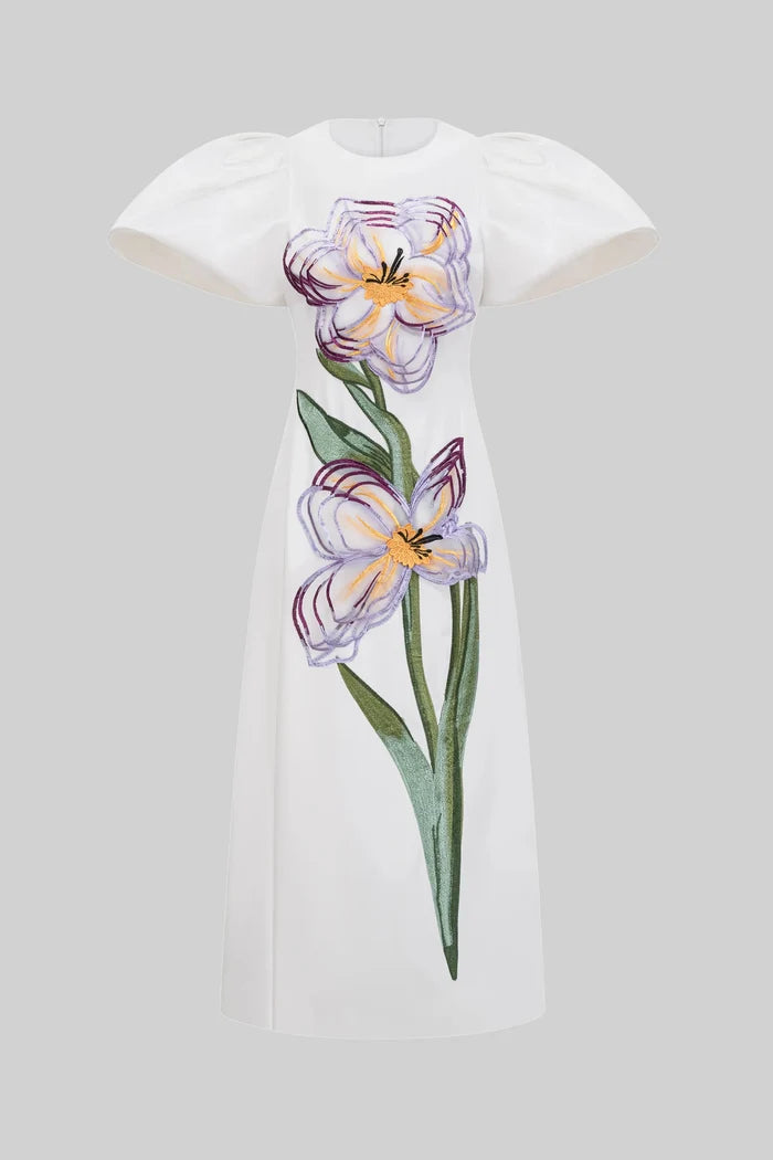 Structured Shoulder Maxi Dress With 3D Iris Floral Appliqué - White