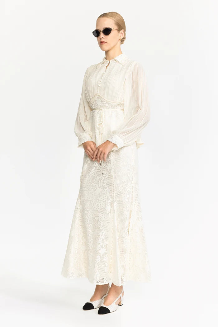 Pleated Chiffon Lace Peplum Blouse and Maxi Skirt Set - Ivoire