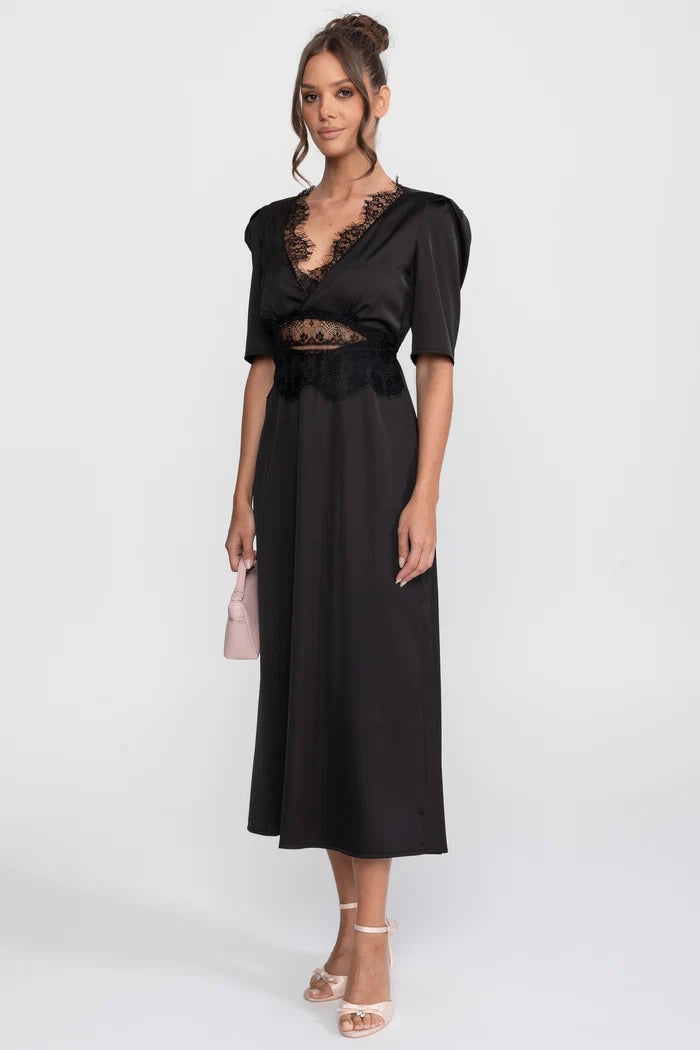 Lace-Trim Polka Dot Midi Dress With Puff Sleeves - Black