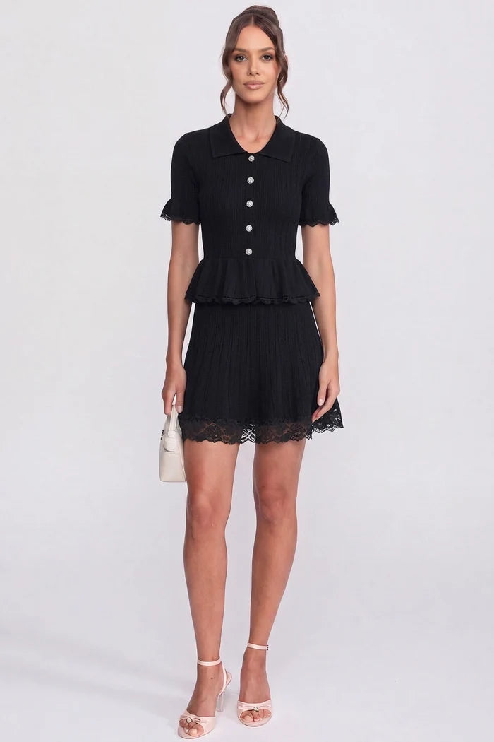 Polo-Collar with Button Top and Mini Skirt Set - Black