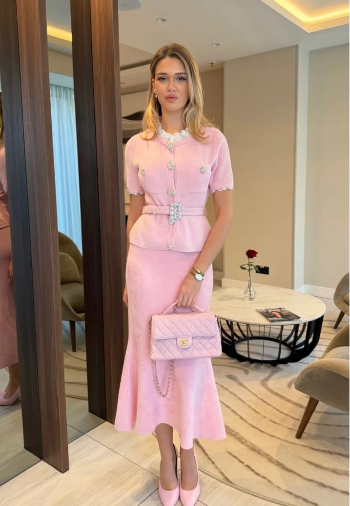 Short Sleeve Co-Ord With Peplum Waist And Crystal Button Belt - Blush Pink